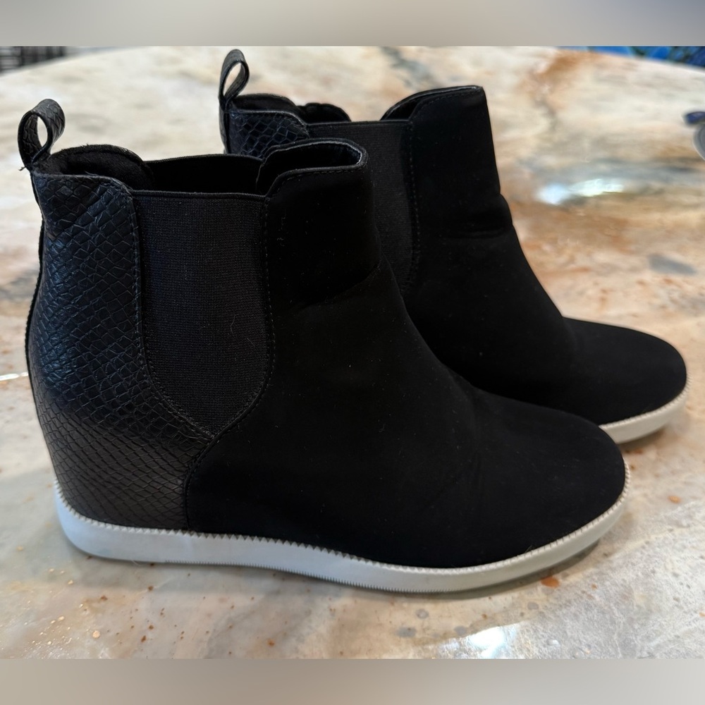 Black Suede and Faux Snakeskin Wedge Booties